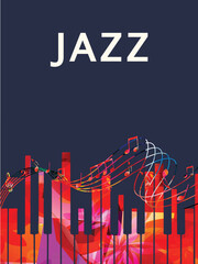 Canvas Print -  Jazz music festival poster background with colorful piano keys and musical notes staff. Vector illustration. Live concert events creative banner with piano keyboard. Party flyer invitation	
