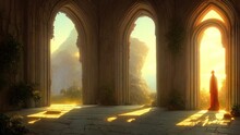 Large Panoramic Arched Windows. Fantasy Interior Of The Palace With Windows To The Garden. Rays Of The Sun, Shadows. Majestic Window. 