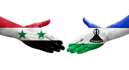 Handshake between Lesotho and Syria flags painted on hands, isolated transparent image.