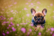 Sweet Little French Bulldog Sitting On A Colorful Meadow