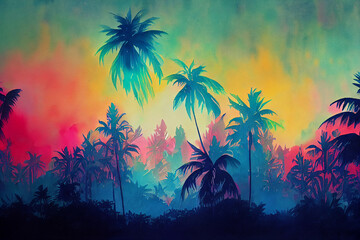 Wall Mural - Beautiful sunset tropical beach with palm tree and pink sky for travel and vacation in holiday relax time