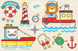 Vector illustration of hand drawn nautical elements, lion cartoon on boat