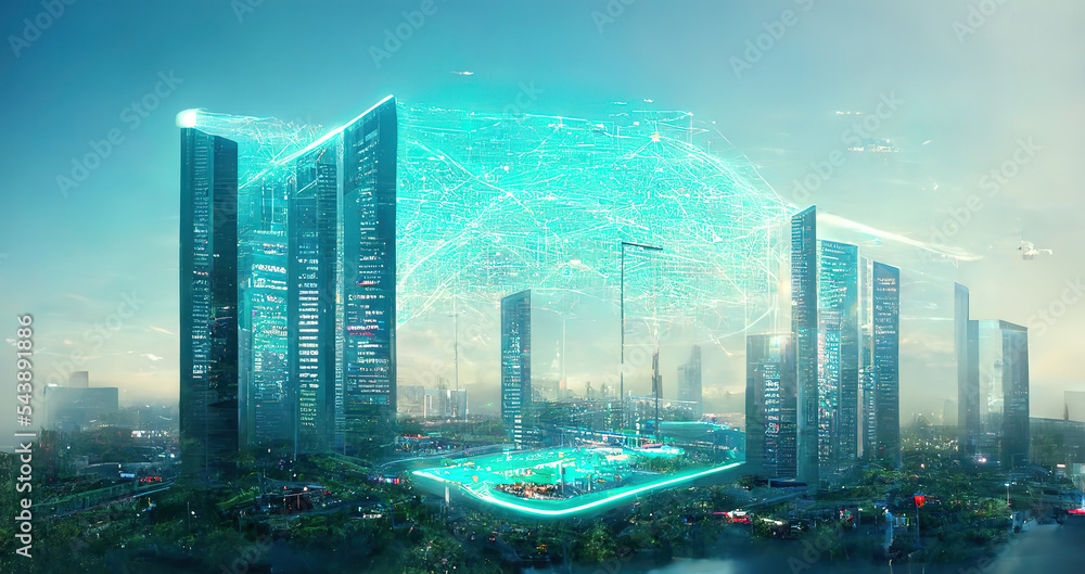 Smart city technology with futuristic graphic of digital data transfer ...