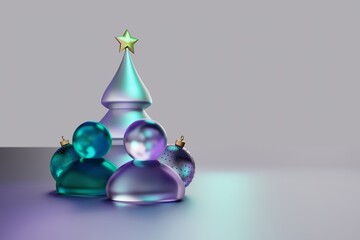 Slender Christmas tree with a gold star. Two glass characters and Christmas tree toys. Background template for creating a postcard or post on social networks. 3D rendering.