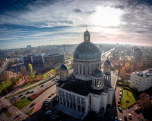 The Photo Presents St. Teresa And St. John Bosco Church, Located In Lodz, Poland. In The Background There Is Visible Faculty Of Law And Administration Of The University Of Lodz.