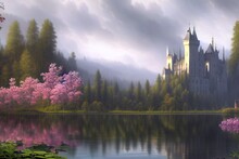 An Old Gothic Castle Reflected In The Lake, Against The Backdrop Of Forest And Mountains. Gloomy Gray Sky With Clouds. Mystical And Mysterious Landscape. Digital Painting Illustration.