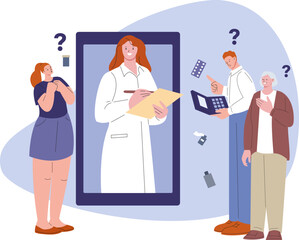 Poster - Telemedicine vector concept. Doctor on smartphone screen and patients with questions wait recipe and medications. Old woman and young man and girl