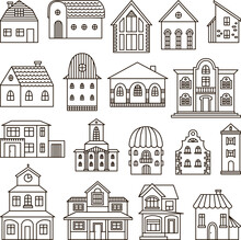 Doodle Line Different Houses. Hand Drawn House, Cute Simple Scandinavian Architect Buildings. Small Village Home, Neoteric Rustic Architecture Set