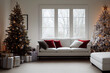 Living room home interior with christmas tree