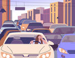 Morning city traffic jam and sleepy female driver. Woman driving car slow moving in urban auto flow. Tired kicky girl and modern town problems vector concept