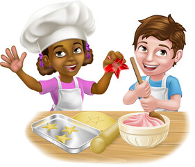 Poster - Girl and Boy Cartoon Child Chef Cook Kids