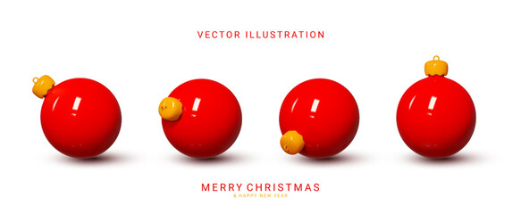 Wall Mural - Set of Christmas plastic balls. Holiday red plastic balls for festive decoration isolated on white background. Vector illustration. 3d vector decorative elements.