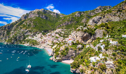 Canvas Print - Amazing aerial view of Positano coastline in summer season, Italy. Drone viewpoint