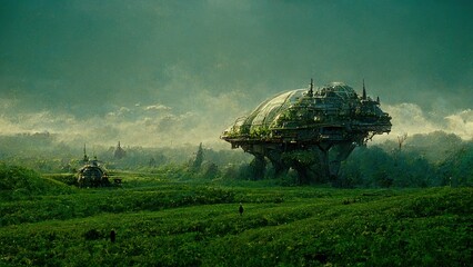 spaceship on alien planet fill with green foliage, science fiction scene, illustrative, painting