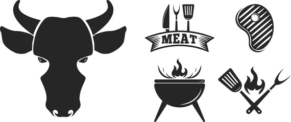 Wall Mural - BBQ grill elements. Barbecue grilling icons beef steak roaster utensils vintage cooking steake house symbols