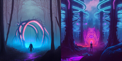 Wall Mural - Cyberpunk neon light composition, background with glowing lights, foggy forest, futuristic, collection