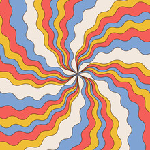 Colourful Twirl Retro Burst Psychedelic Background. Vintage Grunge Summer, Circus And Carnival Backdrop. 70s Wavy Vintage Squate Backdrop. Contour Vector Illustration.