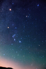 Wall Mural - milky way stars and constellations on evening sky. orion constellation with mars and pleiades star c
