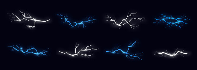Flash thunderbolt elements. Light charge, thunder hit blue and white colors. Electrical power, energy bright effects. Lightning racy vector collection