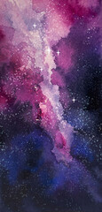 watercolor sky background, outer space with twinkling stars and galaxy in dark blue purple and pink 