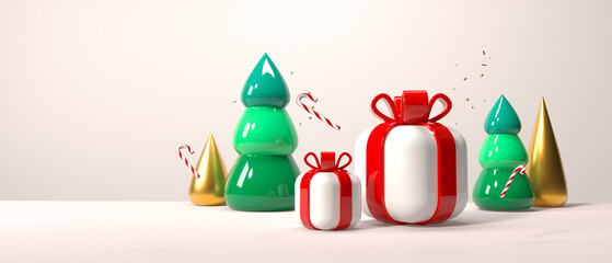 Poster - Christmas gift boxes with trees and candy canes - 3D render