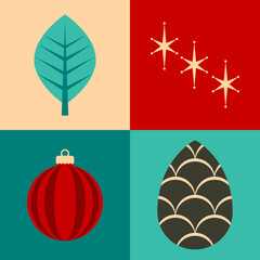 Minimal, simple holiday icons: leaf, ornament, stars and ornaments; in greens, reds, off-white, and gray. Danish or modern illustration style.