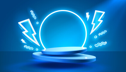 Wall Mural - electro scene mega sale, danger podium banner, neon night pedestal. vector