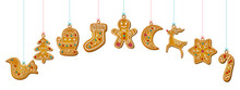 Hanging Christmas Gingerbread Cookies In Cartoon Style. Sweet Biscuits In Festive Shapes Characters And Gifts For Horizontal Template Web Banner. Cute Childish Vector Illustration