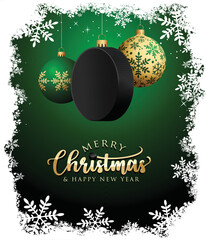 Hockey Christmas balls puck - Snow frame - Greeting Card - New Year - Green Background