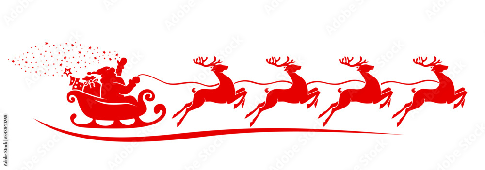 Silhouette of Santa Claus riding in a sleigh with a Christmas tree and ...