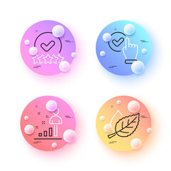 Stats, Leaf and Checkbox minimal line icons. 3d spheres or balls buttons. Rating stars icons. For web, application, printing. Business analysis, Nature leaves, Confirmed. Verified rank. Vector