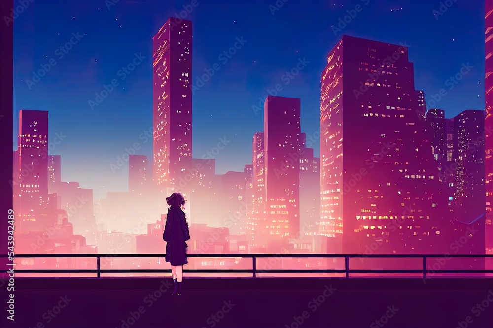 Anime girl looking at a city by night. Cute woman looking at the ...