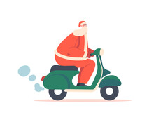 Santa Claus Riding Scooter Or Moped Isolated On White Background. Father Noel Character In Red Festive Suit