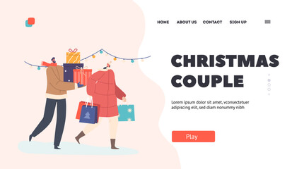 Canvas Print - Christmas Couple Landing Page Template. Happy Man and Woman Carry Gift Boxes and Bags Cartoon Vector Illustration