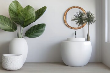 Sticker - 3D render of a beautiful white vanity with ceramic wash basin, round mirror and tropical palm tree in the pot with morning sunlight. Space for products overlay. Background, Mock up, Mockup, Empty.