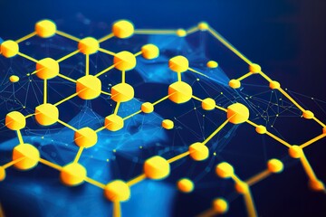 Poster - Abstract concepts of cybersecurity technology and digital data protection. Protect internet network connection with polygons, dots and lines with dark blue background, center focus, side blur.