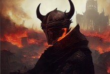 Evil Knight In A Horned Helmet Slowly Walks With A Curved Sword Through A Burning Ruined City With Black Gothic Buildings. Debris Of Ruins With Flying Ashes And Sparks Is Everywhere. 2d Oil Art