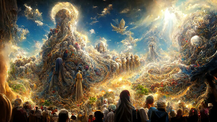 Wall Mural - An Illustration of Heaven, God, Jesus Christ, Angels