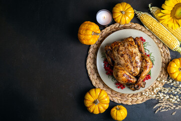 Wall Mural - Roasted whole chicken or turkey with autumn vegetables for thanksgiving dinner on dark background. Happy Thanksgiving holiday background. Copy space