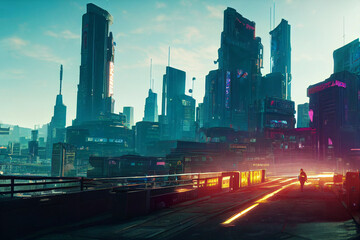 Concept art illustration of skyline of cyberpunk city