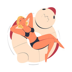 Canvas Print - Woman Character in Swimsuit Floating on Duck Rubber Ring in Swimming Pool Vector Illustration