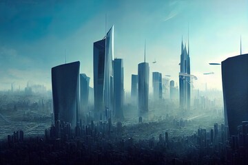 Sticker - Panoramic view of future city skyline. Creative concept illustration of futuristic cityscape skyscrapers, towers, tall buildings, flying vehicles. Megapolis city panoramic cityscape, sky background