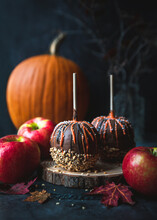 Close Up Of Chocolate Caramel Candy Apples For Hallowe'en.