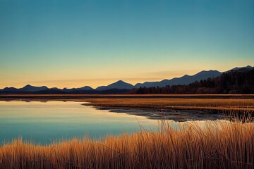 Sticker - Dry reed, cat tail grass on snowy river shore with high woody hill. Winter natural botany in evening light on cold lake background