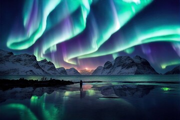aurora borealis (northern lights) over mountain with one person at skagsanden beach, lofoten islands