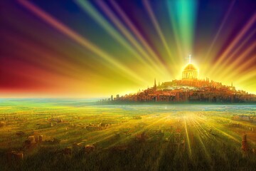 The New Jerusalem Holy City of Zion glowing with the glory of God in front of a grassy plain. Biblical imagery Revelation concept of New Earth. 3d rendering religious illustration.