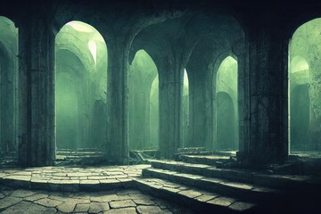 Dark and creepy old ruined medieval fantasy temple. 3D rendering.