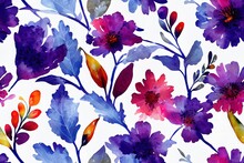 Colorful Seamless Floral Pattern With Abstract Birds, Flowers, Leaves And Berries. Watercolor Garden Print, Textile Or Wallpapers With Design Abstract Elements Isolated On Ivory Background.