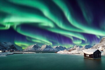 Wall Mural - Scenic photo of winter fishing village with northern lights. stunning natural background. Picturesque Scenery of Reinefjord one most popular place of Lofoten islands. Norway. ideal resting place.