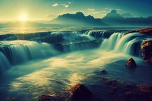 Beautiful Nature Water Flow, Water Fall, Sun View Cloud Sky Winter Weather High Resolution Background